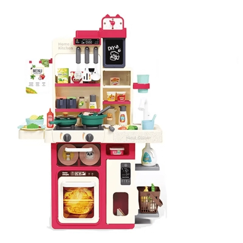 Червена голяма детска кухня с фурна, котлони и тенджери