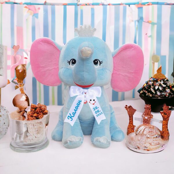 Плюшен слон с надписана панделка, син, 28 см - Image 2