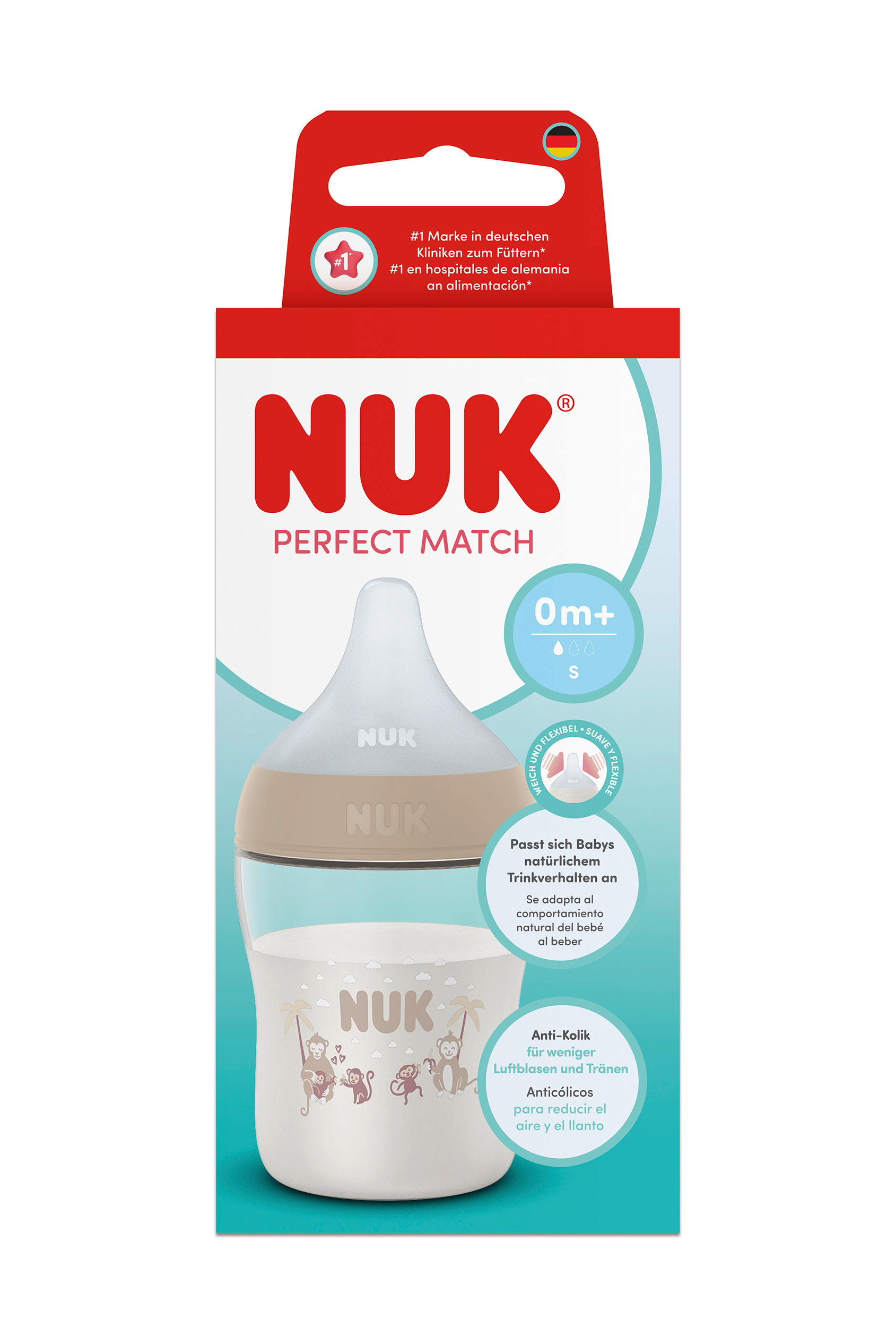 NUK Perfect Match Шише РР 150мл. със силиконов биберон за хранене S, 0+мес., Маймуна