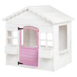 Детска Дървена Къщичка за Игра GINGER HOME – Градинска Къща с Прозорци и Саксии, Бяла, 123×106×125 см
