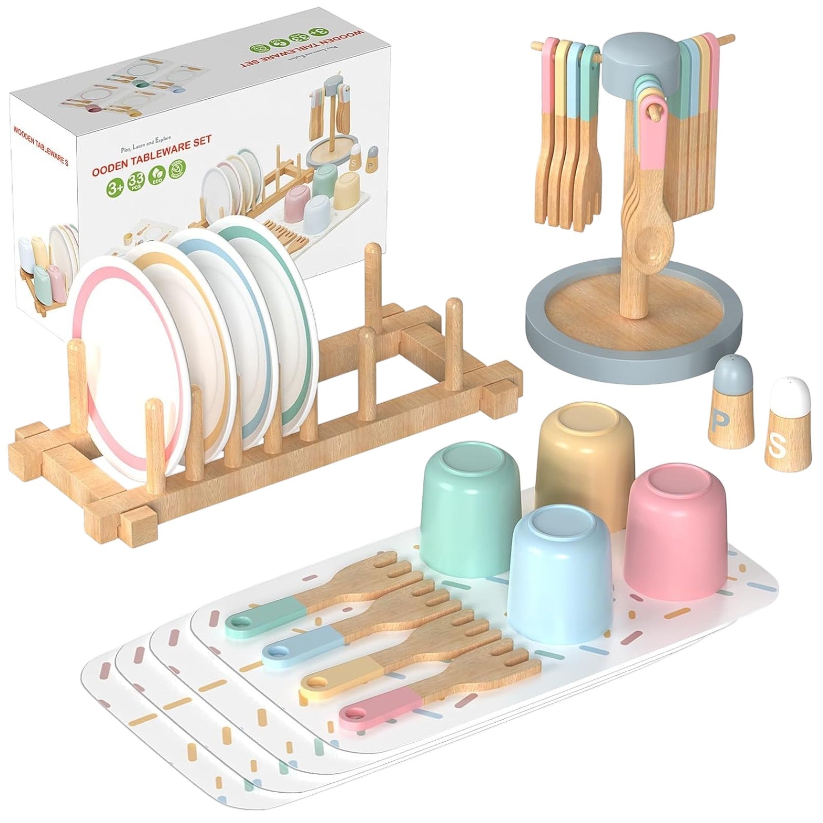 detski-darven-serviz-za-hranene-33-chasti-HL007 Детски Дървен Сервиз за Хранене 33 части GINGER HOME – Комплект за Ролева Игра с Чинии, Чаши, Прибори и Поставки - Image 1