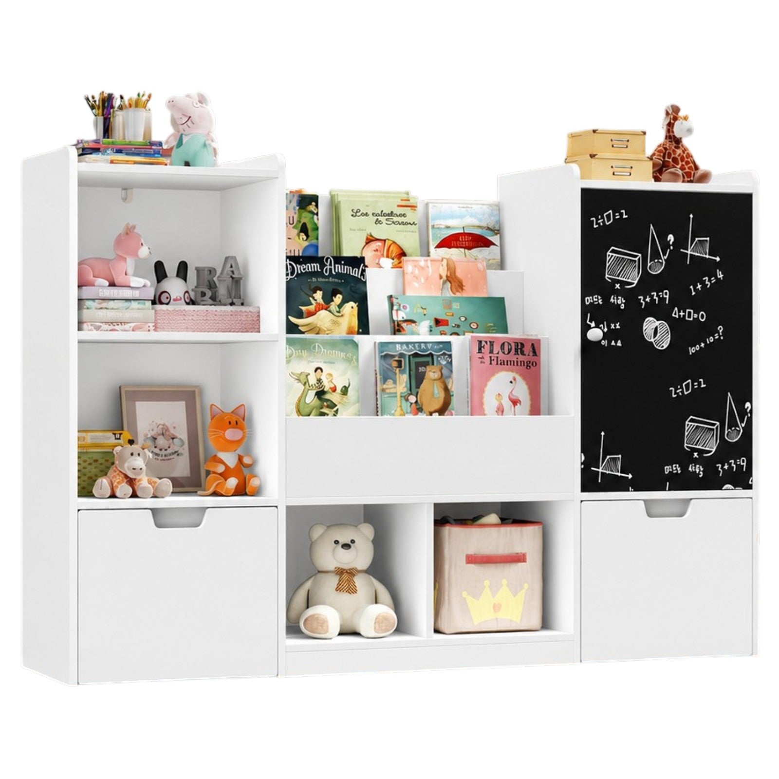 detski-organayzer-za-igrachki-ginger-home-s-cherna-daska-AT-BTS-2528 Детски Органайзер за Играчки GINGER HOME с Черна Дъска, Етажерка, 2 Чекмеджета и 6 Отделения, Масивно Дърво и MDF, 140x51x80 см - Image 1