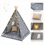 Детска Памучна Палатка GINGER HOME Little Stars, Типи, Сива със Звезди, 100% Памук, с Мека Подложка с Пълнеж, Възглавница и LED Лампички, 120x120x160 см