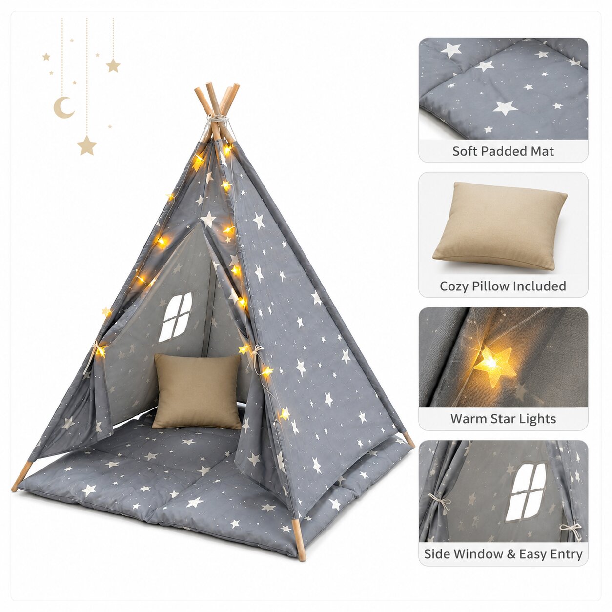JW-KT001-G-8 Детска Памучна Палатка GINGER HOME Little Stars, Типи, Сива със Звезди, 100% Памук, с Мека Подложка с Пълнеж, Възглавница и LED Лампички, 120x120x160 см - Image 1