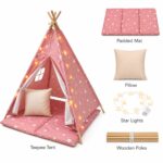Детска Памучна Палатка GINGER HOME Little Stars, Типи, Розова със Звезди, 100% Памук, с Мека Подложка с Пълнеж, Възглавница и LED Лампички, 120x120x160 см