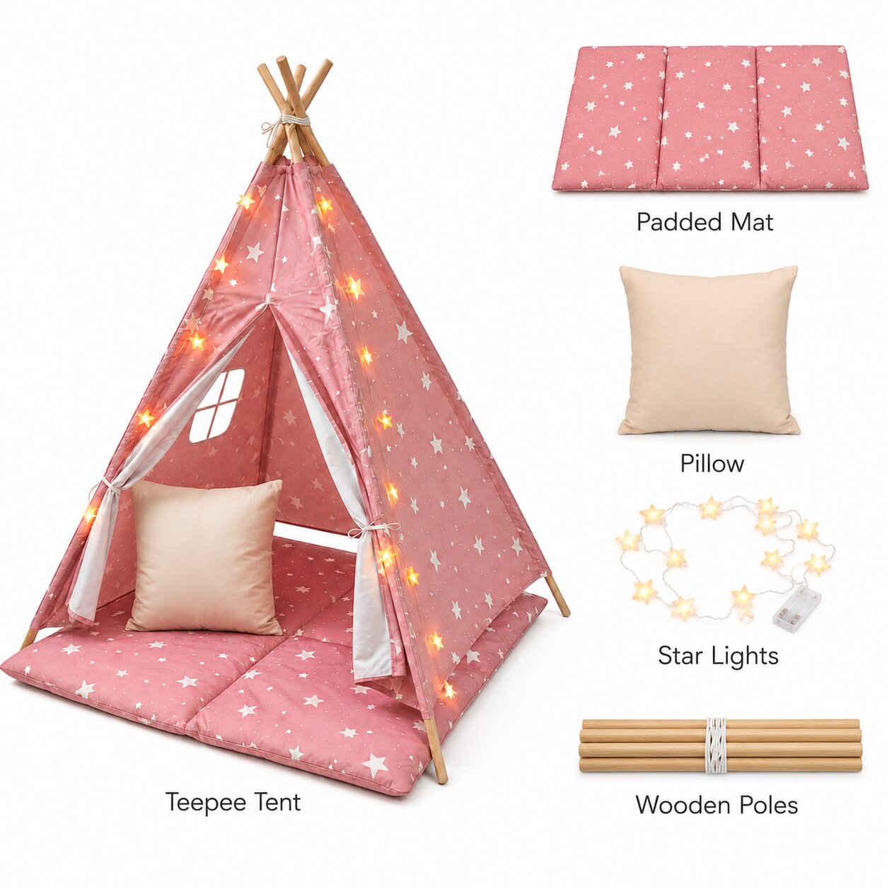 JW-KT001-P-9 Детска Памучна Палатка GINGER HOME Little Stars, Типи, Розова със Звезди, 100% Памук, с Мека Подложка с Пълнеж, Възглавница и LED Лампички, 120x120x160 см - Image 1