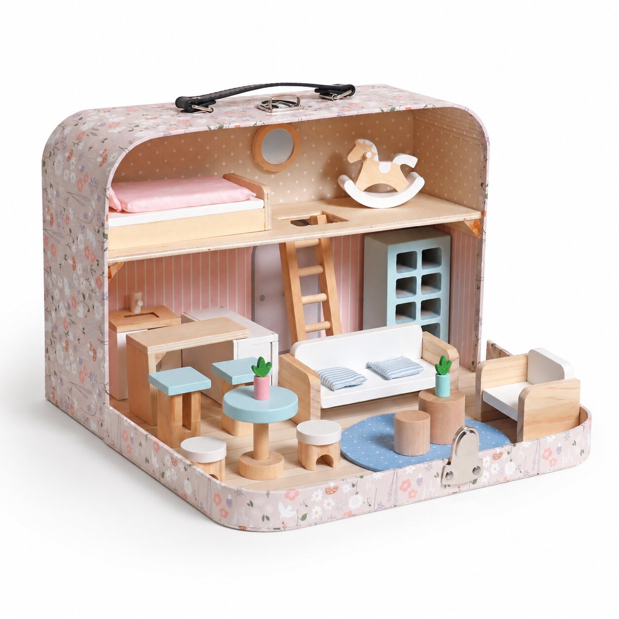 detska-darvena-kashta-kufar-ginger-home-W06A651 Детска Дървена Къща Куфар GINGER HOME, Преносима Мини Къща за Кукли с Мебели и Аксесоари, Розова, 30.5x20.5x10.5 см - Image 1