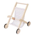 Детска Дървена Количка за Кукли GINGER HOME с Мек Текстилен Кош, Натурално Дърво, 34x46x49.5 см