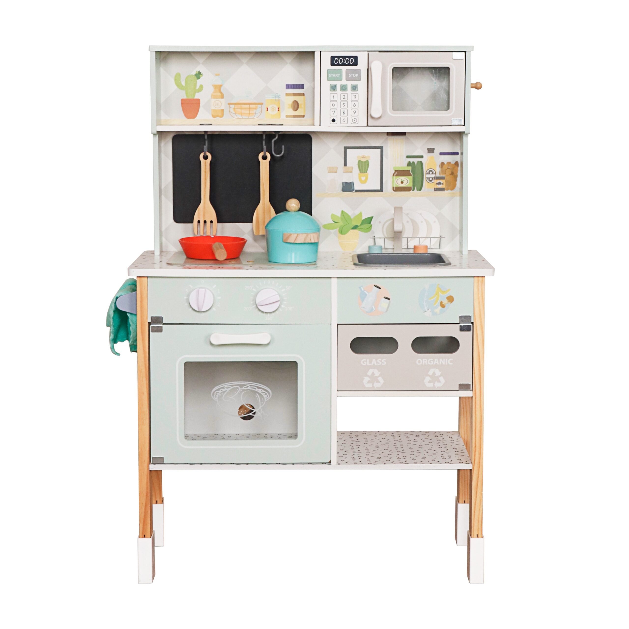 detska-darvena-kuhnya-ginger-home-elektronen-kotlon-mikrovalnova-furna-mivka-W10K066 Детска Дървена Кухня GINGER HOME с Електронен Котлон, Микровълнова, Фурна, Мивка и Аксесоари, Масивно Дърво и MDF, 60x26.5x91 см - Image 1