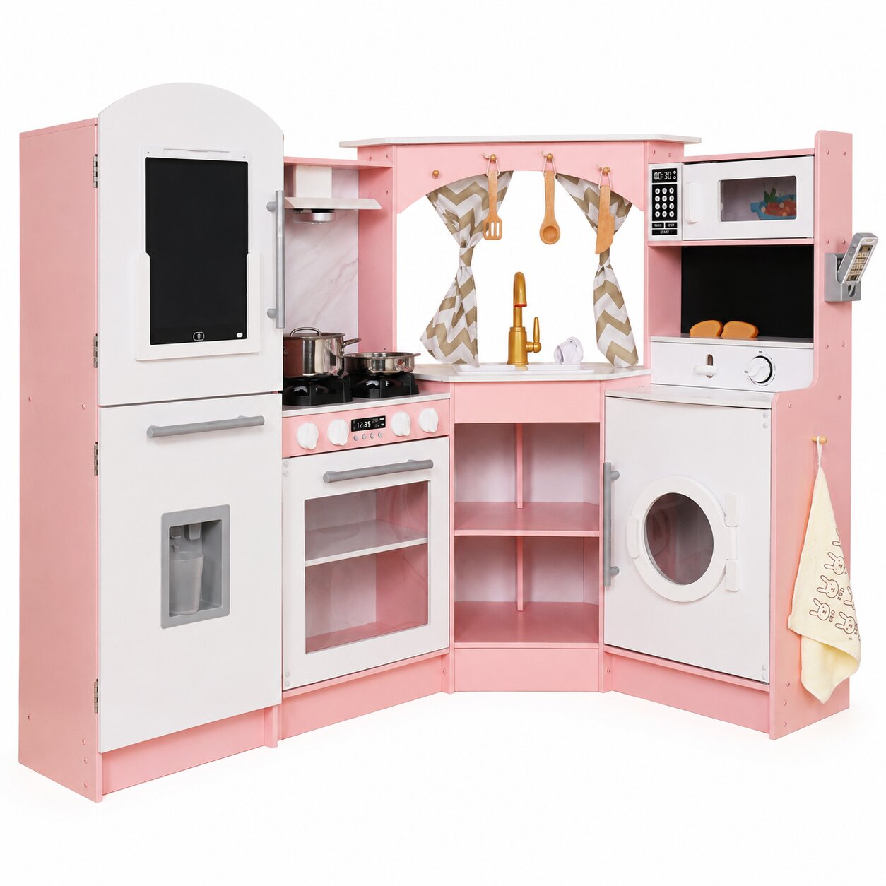 golyama-detska-darvena-kuhnya-ginger-home-aglova-mivka-techashta-voda-zvuk-svetlina-W10C933J Голяма Детска Дървена Кухня GINGER HOME, Ъглова с Мивка с Течаща Вода, Звук и Светлина, Хладилник, Микровълнова, Пералня, Прозорец, Завеси и Аксесоари, 134x80x99 см - Image 1