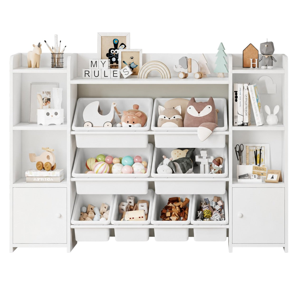 VM-20 Голям Детски Органайзер GINGER HOME, Бяла Етажерка за Играчки и Книги с 8 Кутии за Съхранение и 2 Шкафа, 141.5x100x30 см - Image 1
